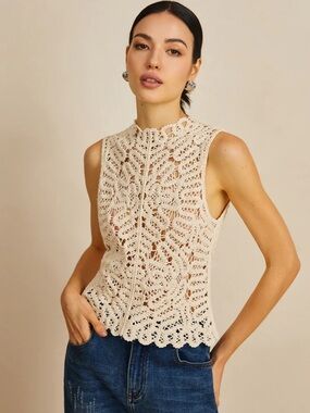 Commense Floral Crochet Hollow Out Sweater Vest
